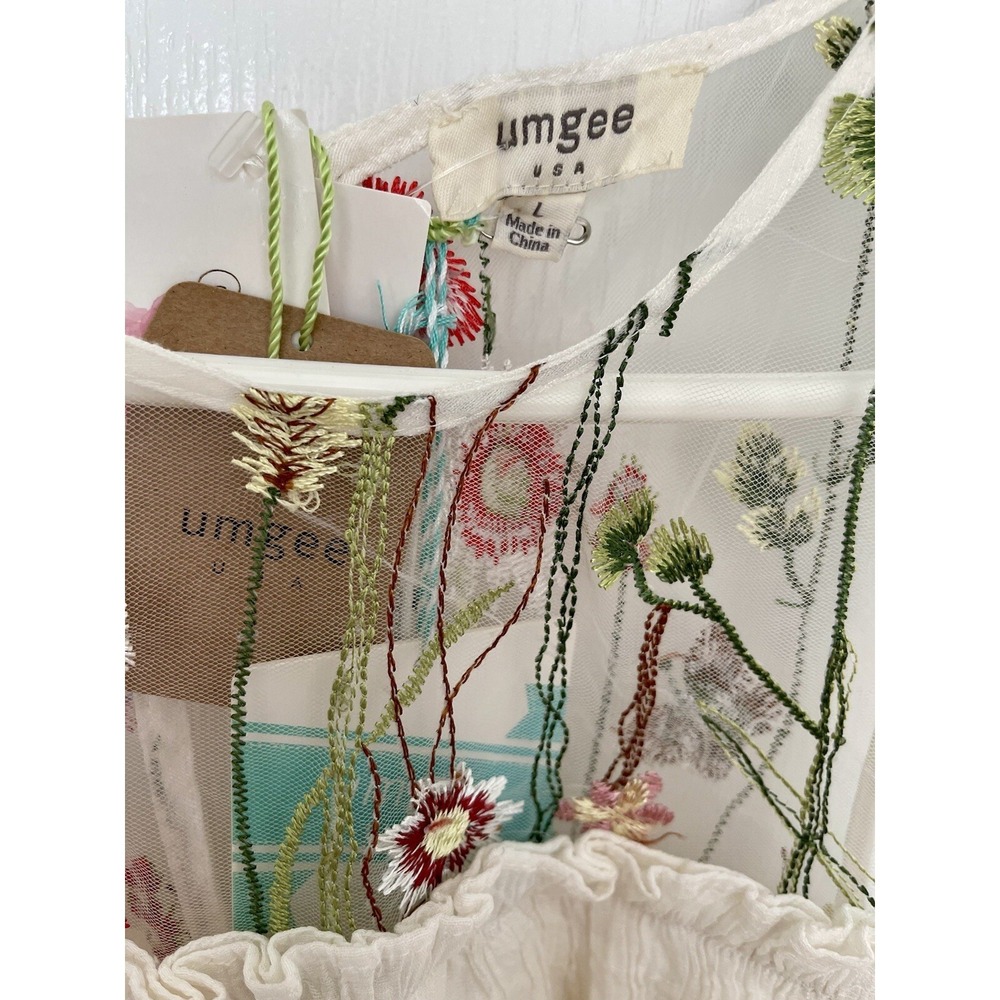 Umgee Dress Cream Floral Embroidery NWT Sz L Boho Fairycore Open Shoulder - Picture 3 of 7